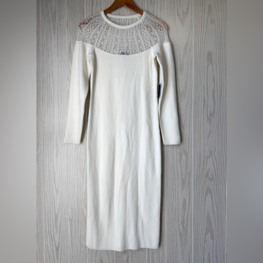 Express White Ribbed Lace-Yoke Midi Dress – Size M